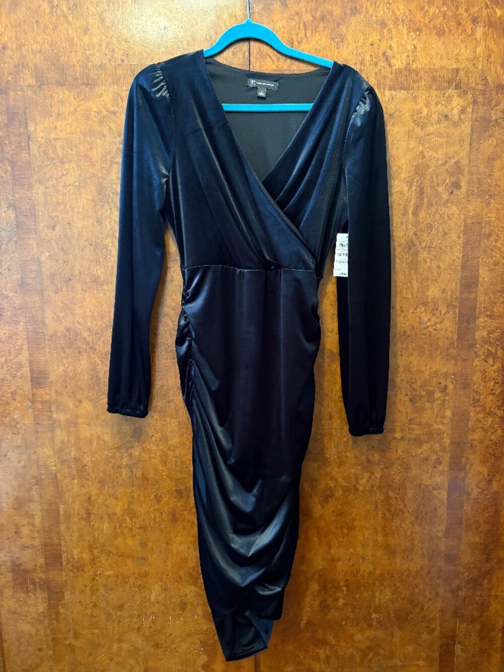 INC International Concepts Black Velvet V-Neck Faux Wrap Midi Dress